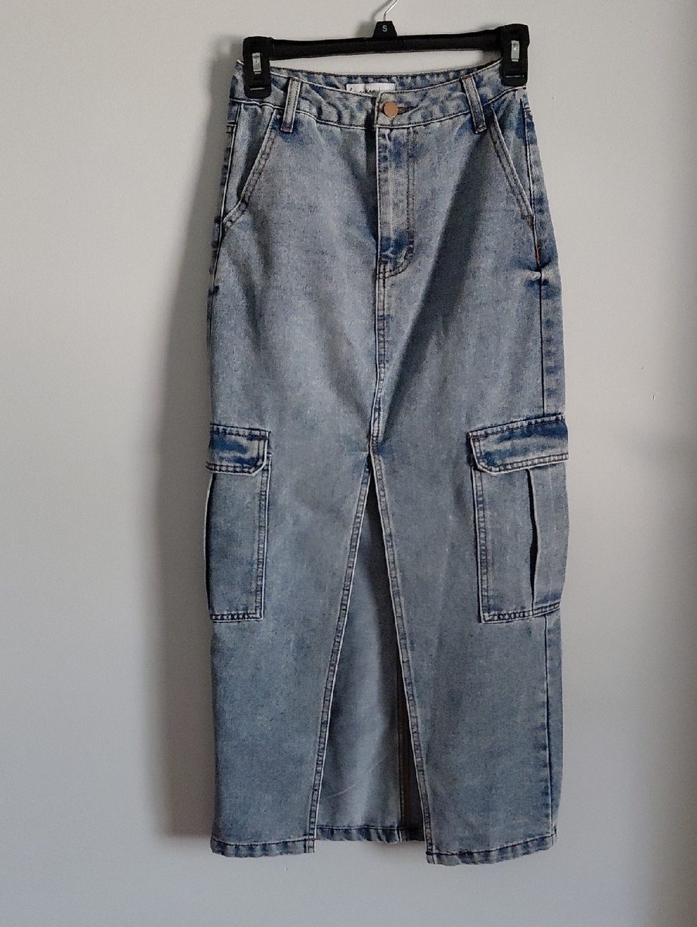 Love Fire Light Blue Cargo Denim Jean Maxi  Skirt